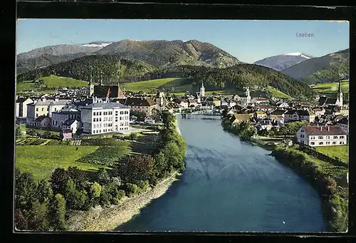 AK Leoben, Ortsansicht und Flusspartie aus der Vogelschau