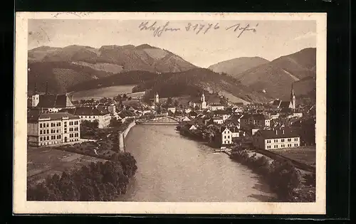 AK Leoben, Ortsansicht und Flusspartie aus der Vogelschau