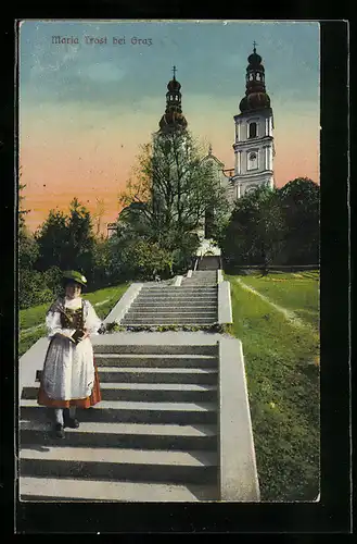 AK Graz, Kirche Maria Trost mit Kaskadentreppe und Dirndl-Dame