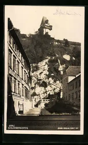 AK Graz, Schlossbergsteig mit Turmblick