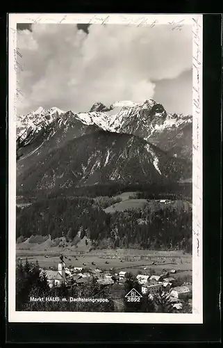 AK Haus, Ortsansicht mit Dachsteingruppe aus der Vogelschau