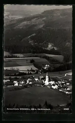 AK Wenigzell, Ortsansicht mit Kirche und Bergpanorama