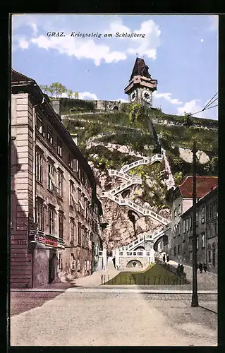 AK Graz, Kriegssteig am Schlossberg mit Uhrturm