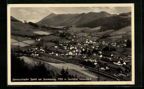 AK Spital /Semmering, Gesamtansicht mit Bergpanorama aus der Vogelschau