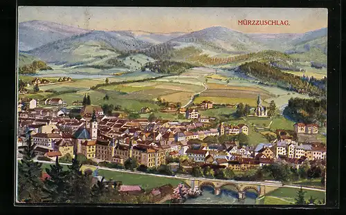 Künstler-AK Mürzzuschlag, Ortsansicht aus der Vogelschau