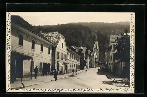 AK Schladming, Gasthaus Selcher, Kirche, Strassenpartie