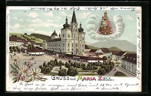 Lithographie Maria Zell, Wallfahrtskirche und Gnadenbild