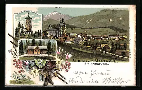 Lithographie Mariazell / Steiermark, Panorama mit Bergkulisse