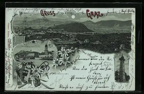 Mondschein-Lithographie Graz, Teilansicht, Schlossberg u. neue Brücke, Hilmwarte