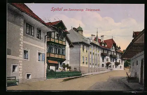 AK Spital /Semmering, Strassenpartie mit Rathaus