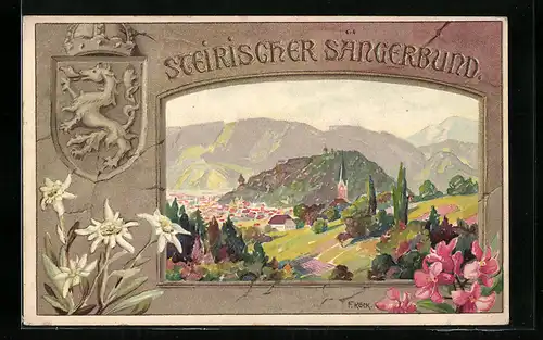 Künstler-AK Graz, Steirischer Sängerbund, Teilansicht, Wappen, Passepartout