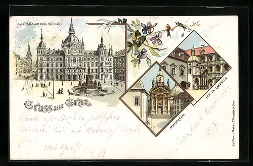 Lithographie Graz, Hauptplatz mit dem Rathaus, Hof im Landhaus, Mausoleum