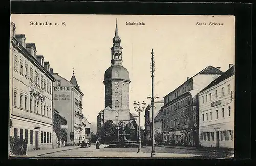 AK Schandau a. E. /Sächs. Schweiz, Marktplatz mit Gasthaus, Geschäften und Kirche