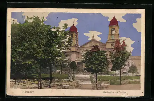 AK Pforzheim, Stadtgarten mit Gasthaus Saalbau