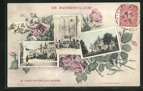 AK Rambervillers, Mehrfachansicht mit Statue de la Defense, Chateau und Rue de Cheval-Blanc