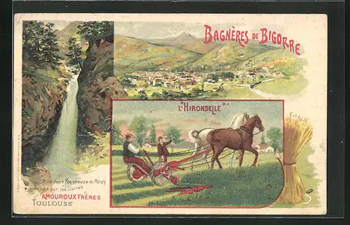 Künstler-AK Bagnères de Bigorre, Panorama, L`Hirondelle, Faucheuse fabriquée par les Usines Amouroux Frères