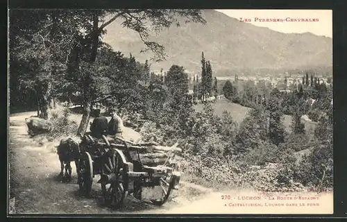 AK Luchon, La Route d`Espagne à Castelvieilh, Panorama dans le fond