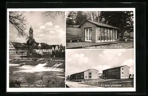 AK Nürtingen am Neckar, Trinkhalle der Heinrich-Quelle, Ersbergschule, Uferpartie