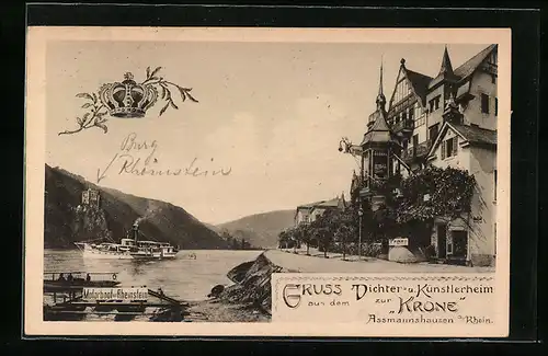 AK Assmannshausen a. Rhein, Dichter- und Künstlerheim zur Krone mit Dampfer