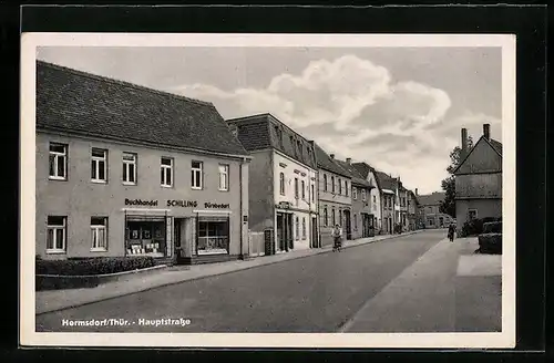 AK Hermsdorf /Thür., Hauptstrasse mit Buchhandlung Schilling