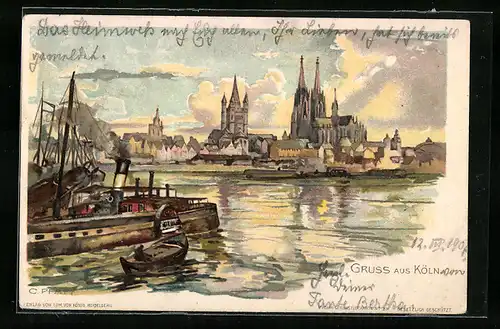 Künstler-AK C. Pfaff: Köln, Teilansicht mit Dom, Rheindampfer
