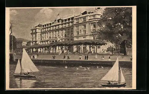 AK Hamburg-St.Georg, Hotel Atlantic mit Spaziergängern, vom Wasser gesehen