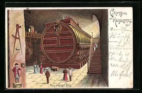 Lithographie Heidelberg, Das grosse Fass im Schloss, Zwerg Perkeo