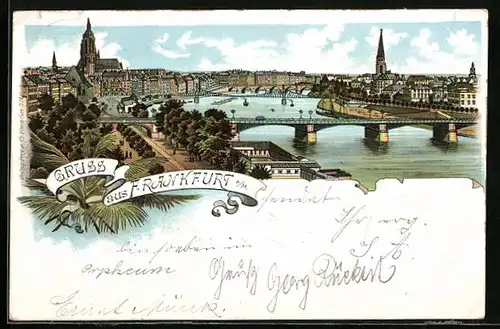 Lithographie Frankfurt a. M., Stadtpanorama mit Mainbrücken aus der Vogelschau