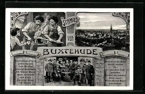 Passepartout-AK Buxtehude, Schmied von Buxtehude, Gruppenbild mit Amboss, Amor mit Schmieden, Ortsansicht