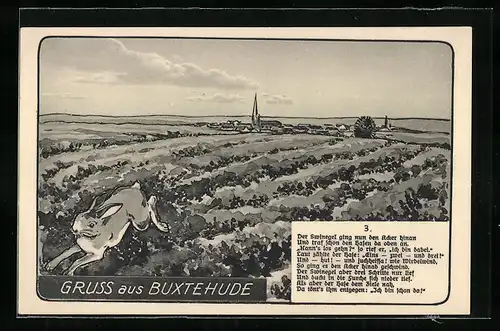 Künstler-AK Buxtehude, Hase und Swinegel beim Wettlauf vor der Stadt