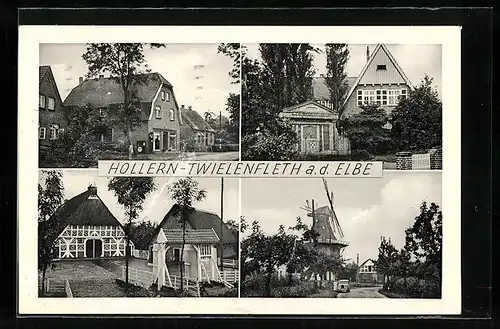 AK Hollern-Twielenfleth /Elbe, Windmühle, Geschäftshaus, Anwesen