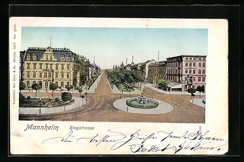 Goldfenster-AK Mannheim, Ringstrasse mit Springbrunnen und Promenade, mit leuchtenden Fenstern