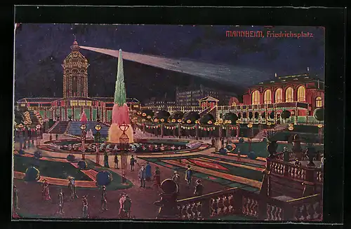 Künstler-AK Mannheim, Geschmückter Friedrichsplatz mit festlicher Beleuchtung und Besuchern, Jubiläum 1907