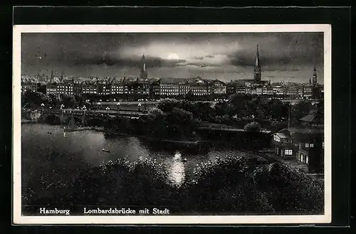 AK Hamburg-Neustadt, Lombardsbrücke mit Stadtpanorama bei Vollmond