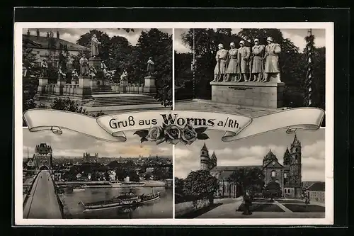 AK Worms /Rh., Kriegerdenkmal, Ortsansicht mit Rheinbrücke