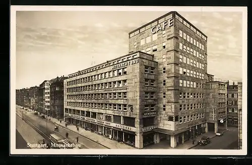 AK Stuttgart, Mittnachtbau mit Café und Geschäften, Strassenbahn
