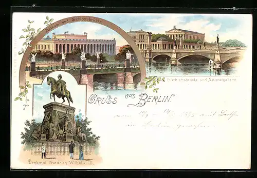 Lithographie Berlin, Museum & Schlossbrücke, Nationalgalerie & Friedrichsbrücke, Denkmal Friedrich Wilhelm III.
