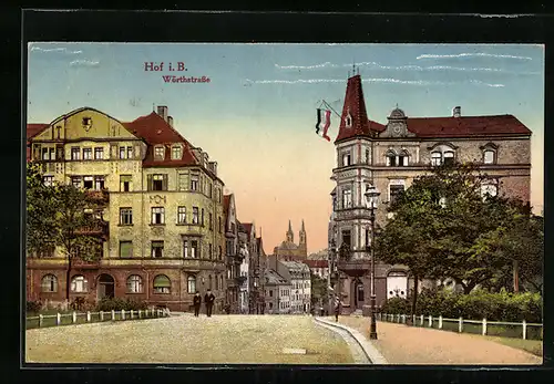 AK Hof i. B., Wörthstrasse mit Anlagen und Kirche