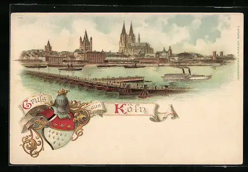 Lithographie Köln, Dom, Rheinpartie mit Dampfer