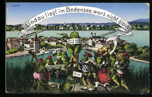 Künstler-AK Lindau /Bodensee, Ortsansicht mit Froschchor