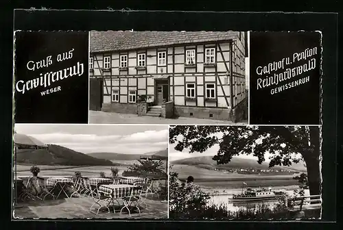 AK Gewissenruh /Weser, Gasthaus-Pension Reinhardswald mit Terrasse, Gesamtansicht mit Dampfer