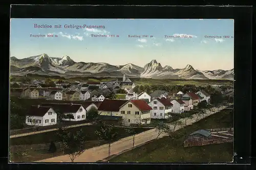 AK Buchloe, Ortsansicht mit Gebirgs-Panorama