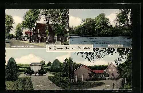 AK Dollern /Stade, Gemischtwaren Prott, Partie am Teich, Ehrenmal, Schule