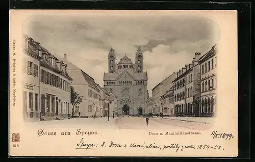 AK Speyer, Dom und Maximilianstrasse mit Geschäften