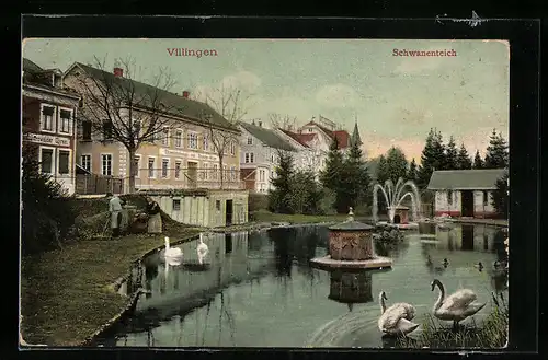 AK Villingen, Schwanenteich mit Springbrunnen