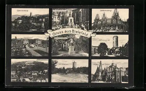 AK Bielefeld, Sparrenburg, Johannisberg, Sennefriedhof und Rathaus mit Theater
