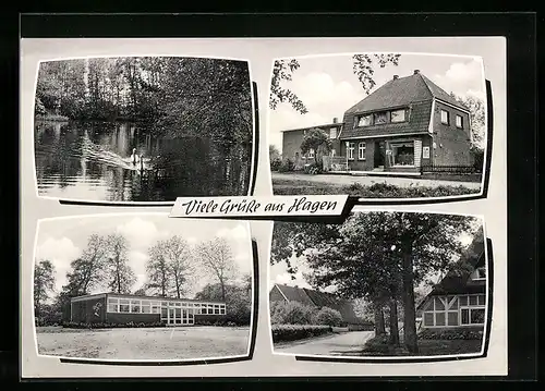 AK Hagen bei Stade, Häuseransichten, Schwanenteich