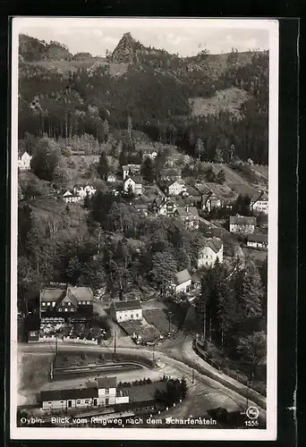 AK Oybin, Blick vom Ringweg nach dem Scharfenstein