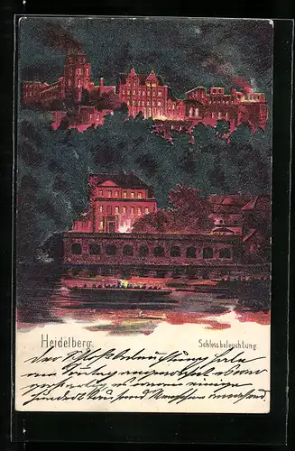 AK Heidelberg, Neckarpartie mit Blick auf das beleuchtete Schloss Heidelberg