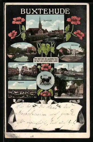 AK Buxtehude, Schleuse, Hafen, Langestrasse, Bahnhofstrasse mit Bahnhof-Hotel, Este, Panorama